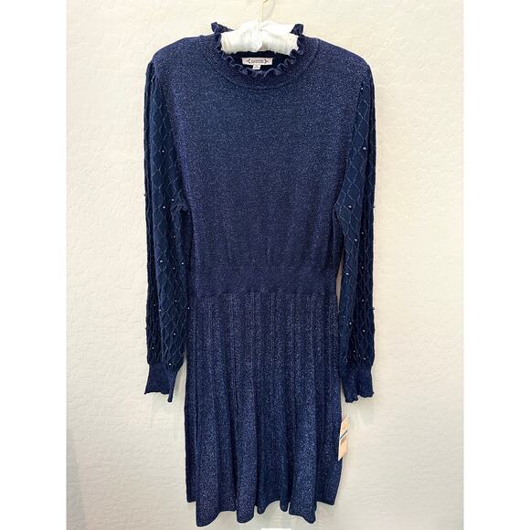 NANETTE LEPORE Navy Metallic Knit Dress Long Sleeve Pearl Party Cocktail NWT XL - Picture 2 of 9